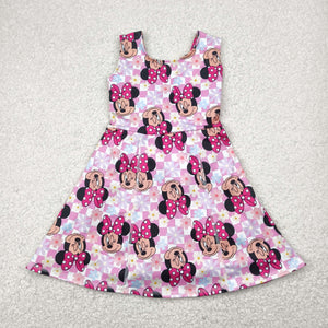 Cartoon Floral Pink Plaid Athletic Shorts Girls Sleeveless Dress