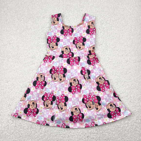 Cartoon Floral Pink Plaid Athletic Shorts Girls Sleeveless Dress