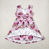 Cartoon Floral Pink Plaid Athletic Shorts Girls Sleeveless Dress