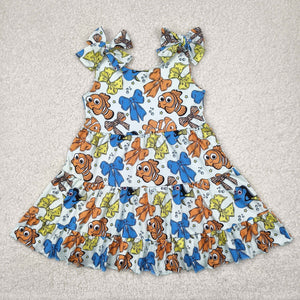 Cartoon Fish Bow Pattern Girls Sleeveless Dress