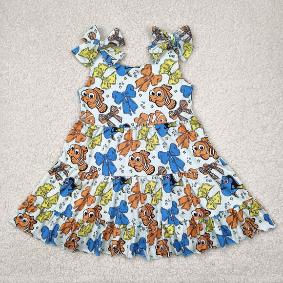 Cartoon Fish Bow Pattern Girls Sleeveless Dress