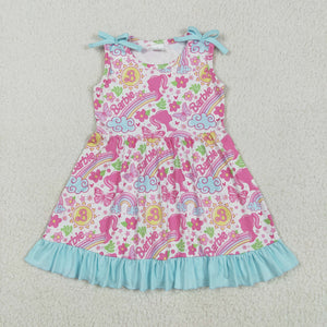 Cartoon Dolls Blue Ruffles White Girls Sleeveless Dress