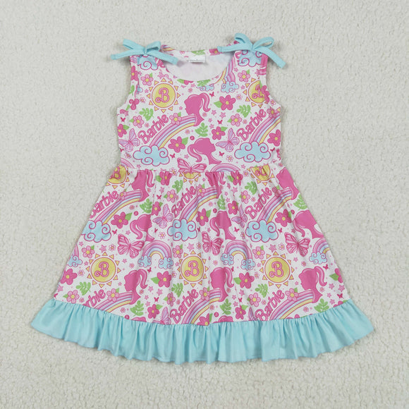 Cartoon Dolls Blue Ruffles White Girls Sleeveless Dress