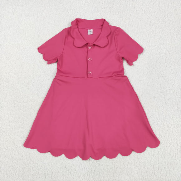 Solid Hot Pink Buttons Scalloped Athletic Shorts Girls Short Sleeve Dress