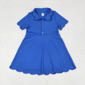 Solid Blue Buttons Scalloped Athletic Shorts Girls Short Sleeve Dress
