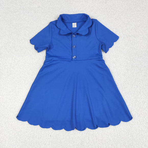 Solid Blue Buttons Scalloped Athletic Shorts Girls Short Sleeve Dress