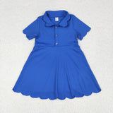 Solid Blue Buttons Scalloped Athletic Shorts Girls Short Sleeve Dress