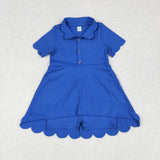 Solid Blue Buttons Scalloped Athletic Shorts Girls Short Sleeve Dress