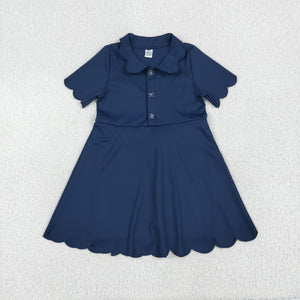 Solid Navy Buttons Scalloped Athletic Shorts Girls Short Sleeve Dress