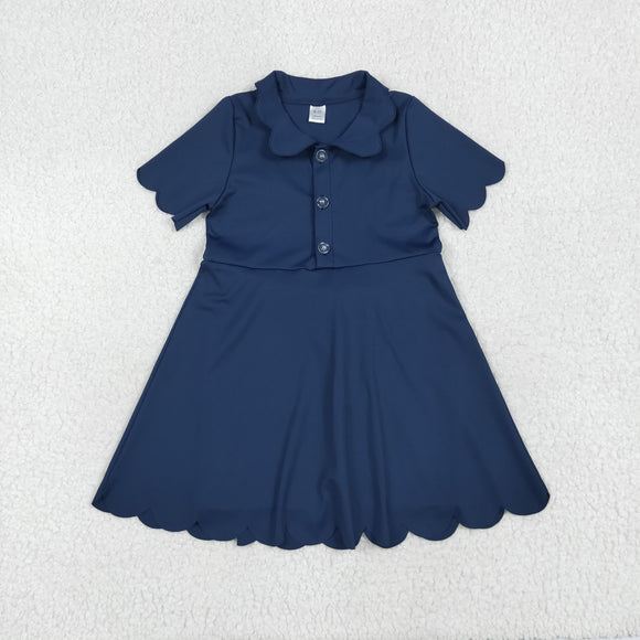 Solid Navy Buttons Scalloped Athletic Shorts Girls Short Sleeve Dress