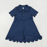 Solid Navy Buttons Scalloped Athletic Shorts Girls Short Sleeve Dress