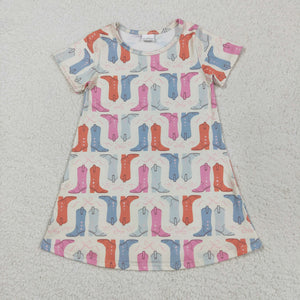 Boots Bow Pattern Beige Girls Short Sleeve Dress