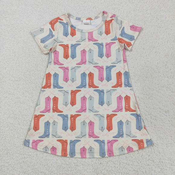 Boots Bow Pattern Beige Girls Short Sleeve Dress