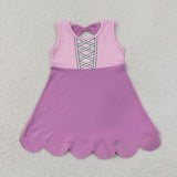 Cartoon Solid Pink Purple Scalloped Girls Sleeveless Dress