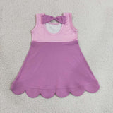 Cartoon Solid Pink Purple Scalloped Girls Sleeveless Dress