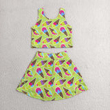 Bow Pattern Ice Cream Green Athletic Shorts Girls Skirt Sets