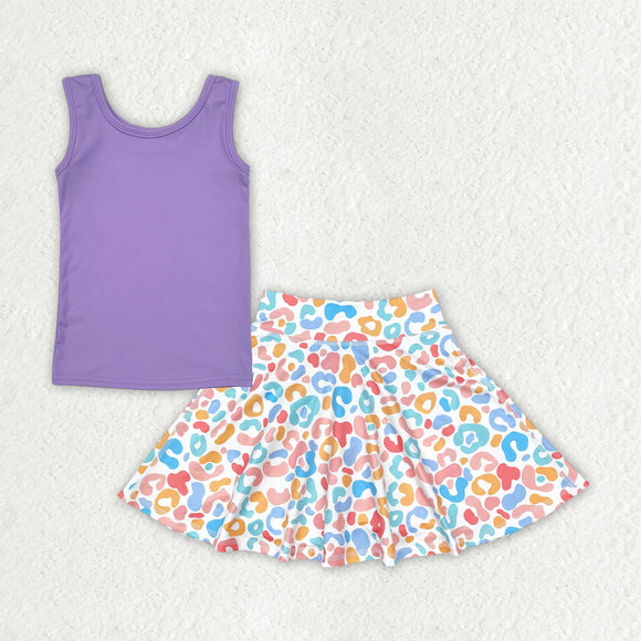 Solid Purple Vest Leopard Print Athletic Shorts Girls Skirt Sets