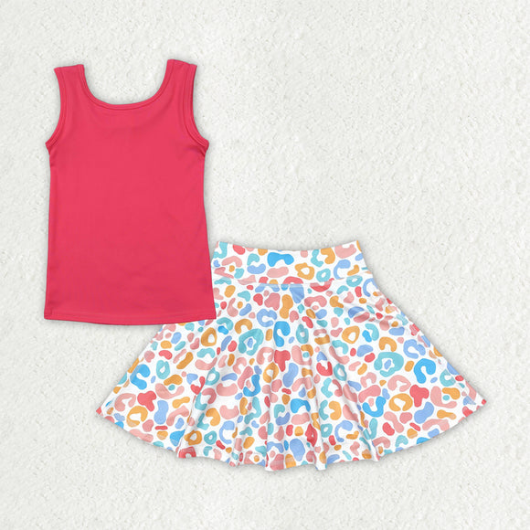 Solid Red Vest Leopard Print Athletic Shorts Girls Skirt Sets