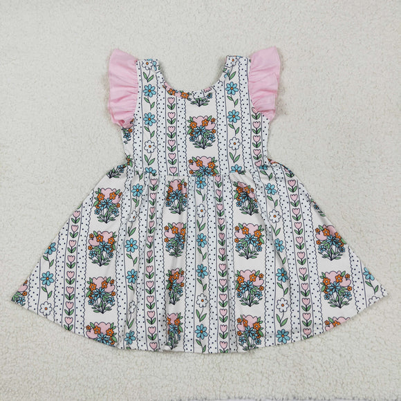 Floral Pink Beige Girls Flutter Sleeve Dress