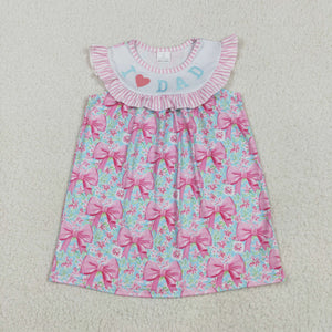 I Love Dad Pink Stripe Ruffles Bow Pattern Girls Flutter Sleeve Dress