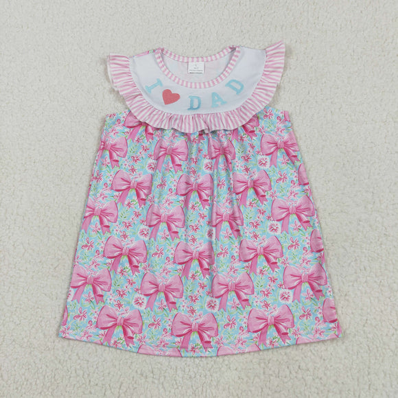 I Love Dad Pink Stripe Ruffles Bow Pattern Girls Flutter Sleeve Dress