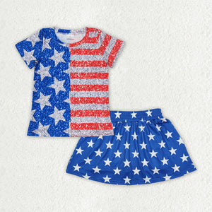 Stars Stripe Shorts Skirt Blue Girls 4th of July Outfits