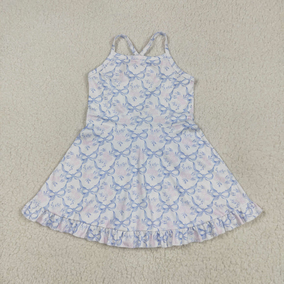 Floral Blue Bow Pattern Athletic Shorts Girls Swimsuits