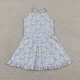 Floral Blue Bow Pattern Athletic Shorts Girls Swimsuits