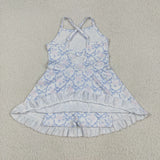 Floral Blue Bow Pattern Athletic Shorts Girls Swimsuits