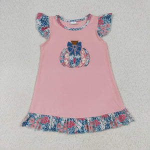 Bow Floral Pumpkin Pink Girls Flutter Sleeve Dress