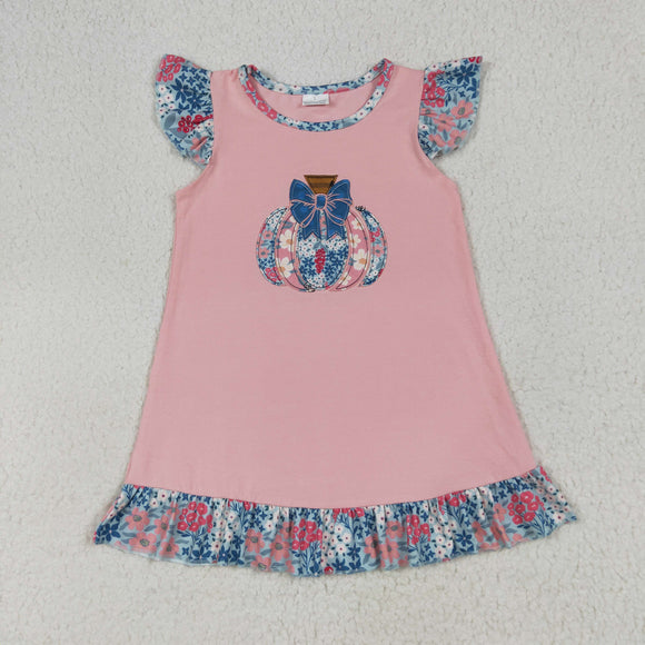 Bow Floral Pumpkin Pink Girls Flutter Sleeve Dress