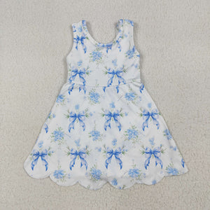Floral Blue Bow Pattern Scalloped Athletic Shorts Girls Sleeveless Dress