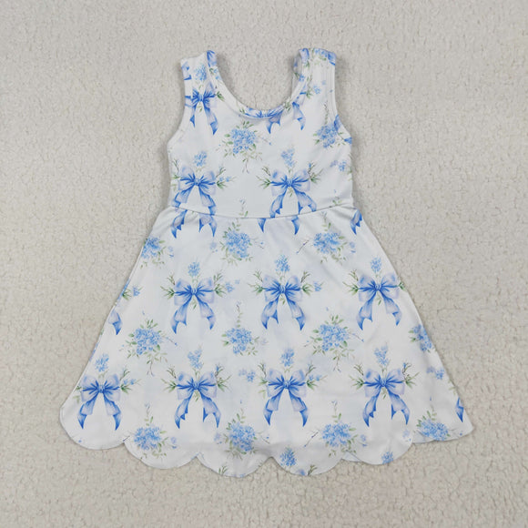 Floral Blue Bow Pattern Scalloped Athletic Shorts Girls Sleeveless Dress