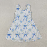 Floral Blue Bow Pattern Scalloped Athletic Shorts Girls Sleeveless Dress