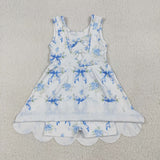 Floral Blue Bow Pattern Scalloped Athletic Shorts Girls Sleeveless Dress