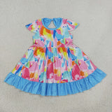 Colorful Polka Dots Blue Bow Ruffles Girls Short Sleeve Dress