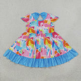 Colorful Polka Dots Blue Bow Ruffles Girls Short Sleeve Dress