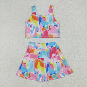 Colorful Vest Athletic Shorts Girls Skirt Sets
