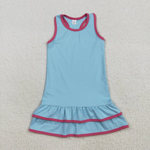 Solid Blue Athletic Girls Sleeveless Dress