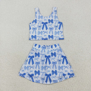 Blue Bow Pattern White Athletic Shorts Girls Skirt Sets