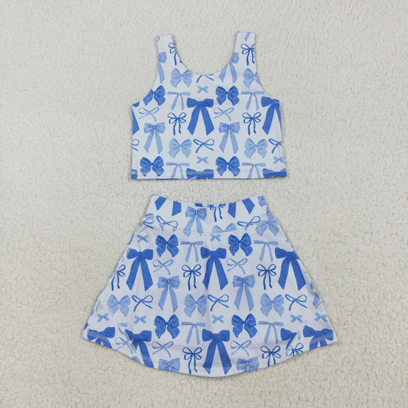 Blue Bow Pattern White Athletic Shorts Girls Skirt Sets
