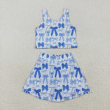 Blue Bow Pattern White Athletic Shorts Girls Skirt Sets