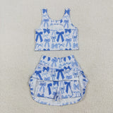 Blue Bow Pattern White Athletic Shorts Girls Skirt Sets