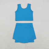 Solid Blue Vest Athletic Shorts Girls Skirt Sets