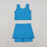 Solid Blue Vest Athletic Shorts Girls Skirt Sets