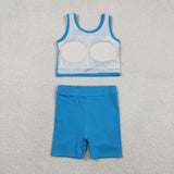 Solid Blue Vest Athletic Shorts Girls Skirt Sets
