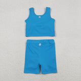 Solid Blue Vest Athletic Shorts Girls Skirt Sets