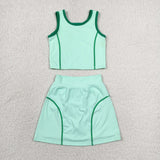 Solid Green Vest Athletic Shorts Girls Skirt Sets
