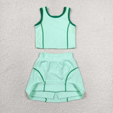 Solid Green Vest Athletic Shorts Girls Skirt Sets
