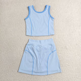 Solid Sky Blue Vest Athletic Shorts Girls Skirt Sets